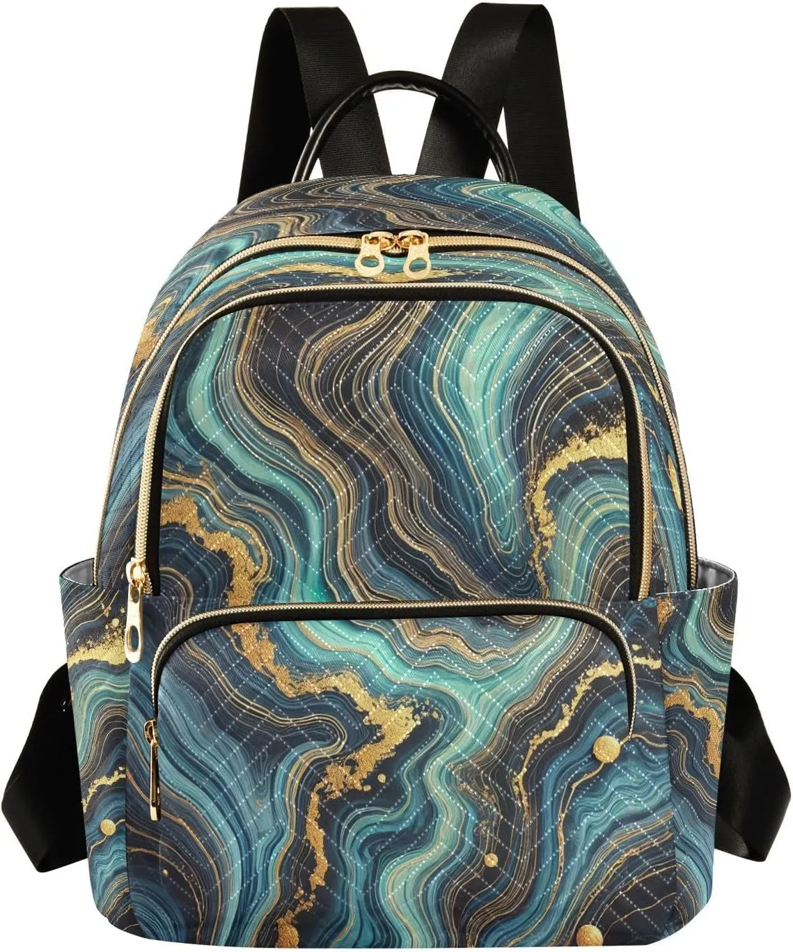 Golden Teal Marble Mini Backpack Purse for Women Small Quilted Bookbag Travel Casual Daypack Ladies Shoulder Bags for Work M