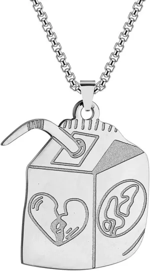 Gold/Silver Juice Box Pendant Necklace Stainless Steel Hip Hop Necklace for Women Men Funny Streetwear Necklace Lover Heart Juice Box Necklace for Lover Couple Jewelry Gift