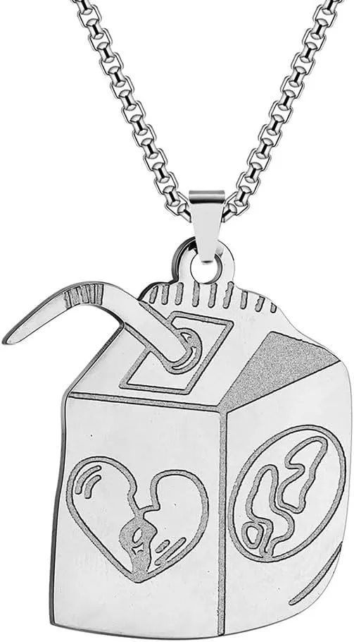 Gold/Silver Juice Box Pendant Necklace Stainless Steel Hip Hop Necklace for Women Men Funny Streetwear Necklace Lover Heart Juice Box Necklace for Lover Couple Jewelry Gift
