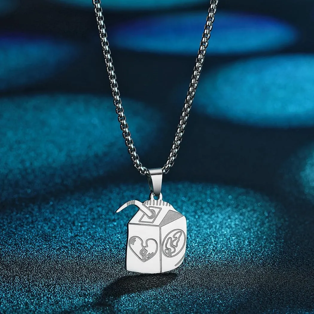 Gold/Silver Juice Box Pendant Necklace Stainless Steel Hip Hop Necklace for Women Men Funny Streetwear Necklace Lover Heart Juice Box Necklace for Lover Couple Jewelry Gift