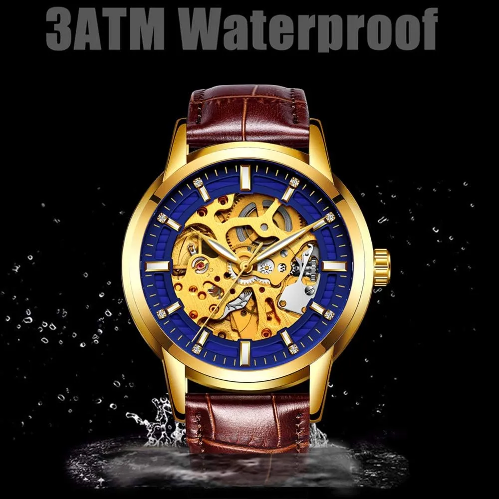Gosasa Hollow Skeleton Automatic Mens Watch Man Classic Leather Business Men WristWatches Male Sport Watches