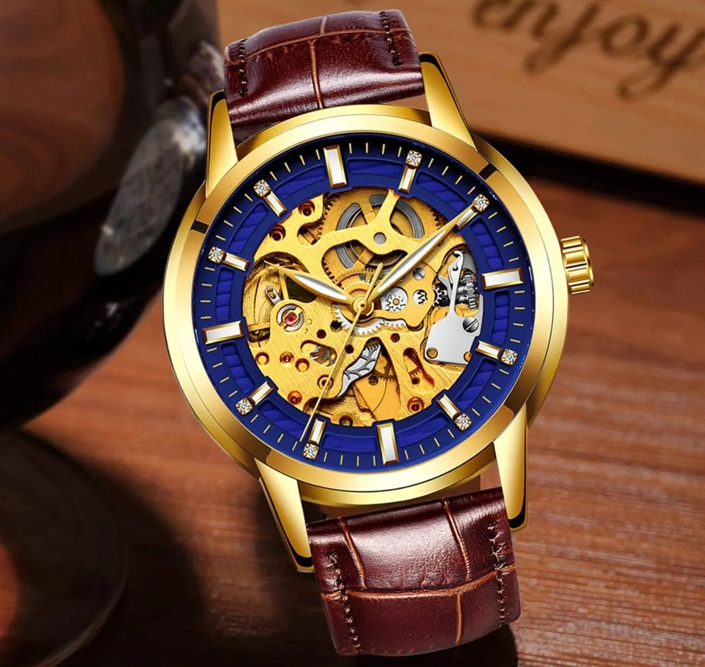 Gosasa Hollow Skeleton Automatic Mens Watch Man Classic Leather Business Men WristWatches Male Sport Watches