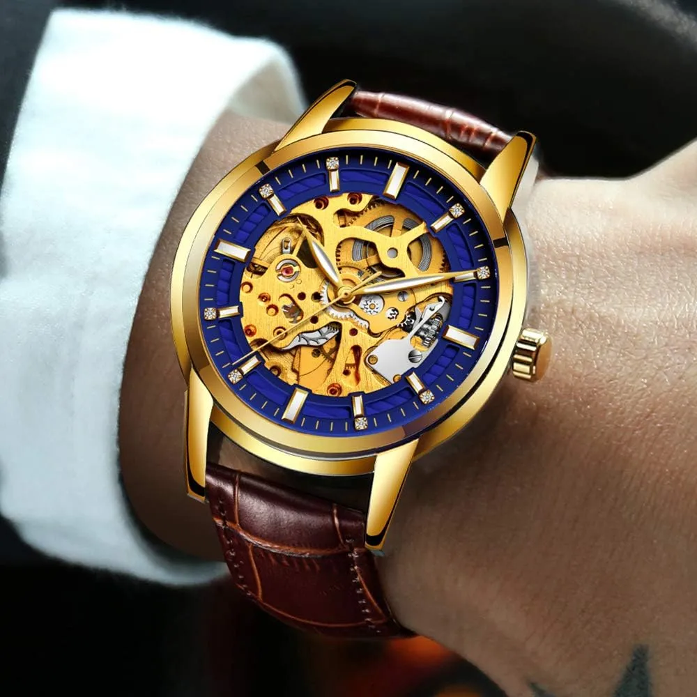 Gosasa Hollow Skeleton Automatic Mens Watch Man Classic Leather Business Men WristWatches Male Sport Watches