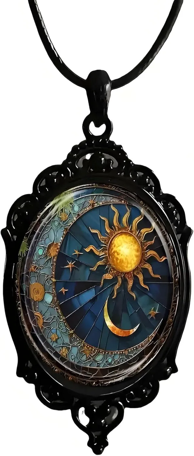 Gothic Bat Glass Pendant Necklace for Women Vintage Gothic Rope Chain Sun Moon Pumpkin Witch Bat Cameo Glass Choker Necklaces Dark Punk Style Necklace Mystic Witch Jewelry Accessories