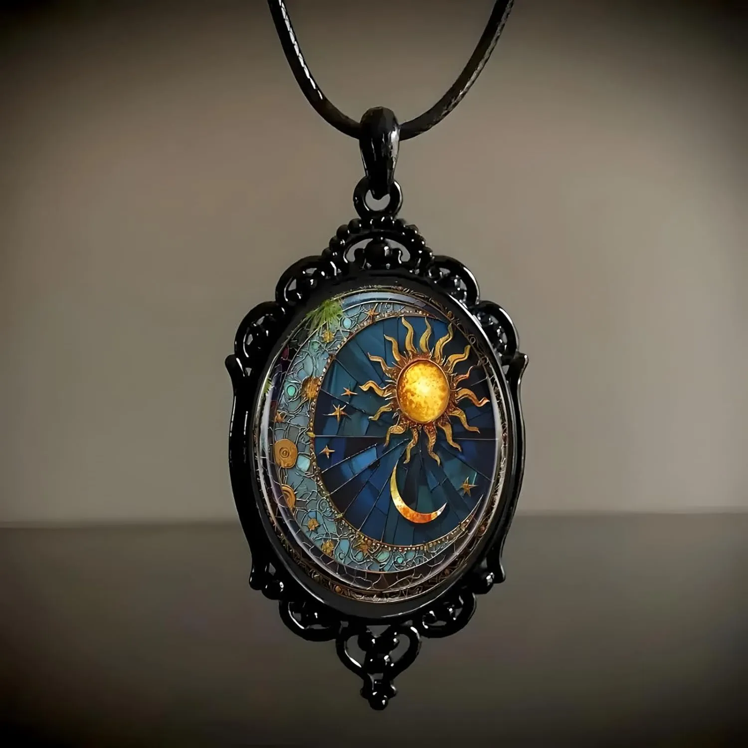 Gothic Bat Glass Pendant Necklace for Women Vintage Gothic Rope Chain Sun Moon Pumpkin Witch Bat Cameo Glass Choker Necklaces Dark Punk Style Necklace Mystic Witch Jewelry Accessories