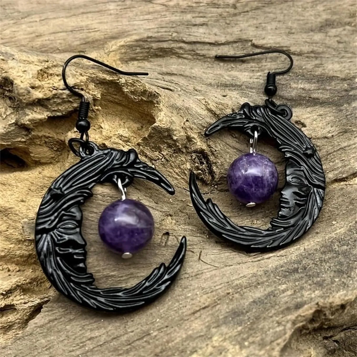 Gothic Moon Dangle Earrings Bohemian Sun Goddess Star Moon Drop Earrings Vintage Purple Crystal Beaded Earrings Punk Style Mystery Earrings Jewelry for Women