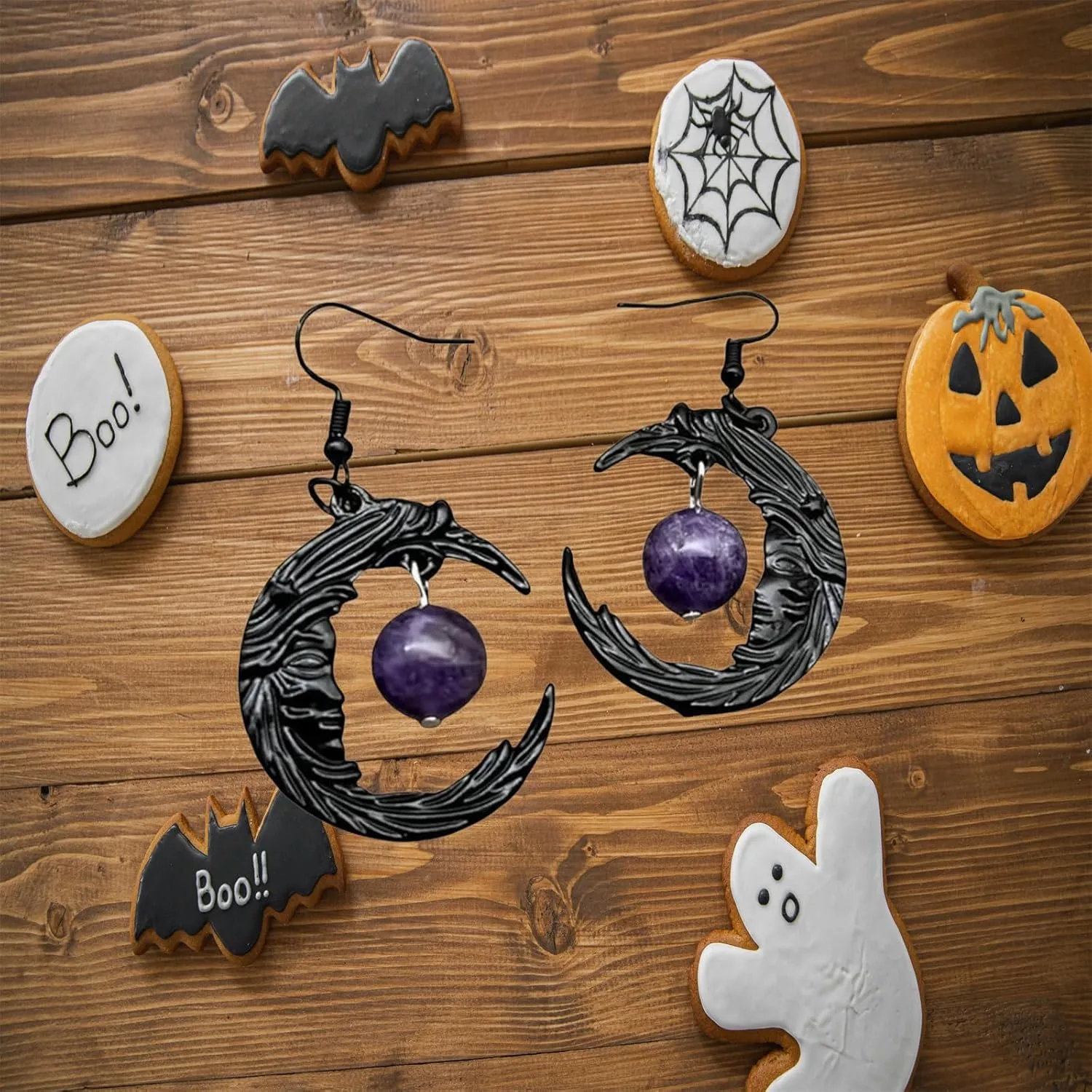 Gothic Moon Dangle Earrings Bohemian Sun Goddess Star Moon Drop Earrings Vintage Purple Crystal Beaded Earrings Punk Style Mystery Earrings Jewelry for Women