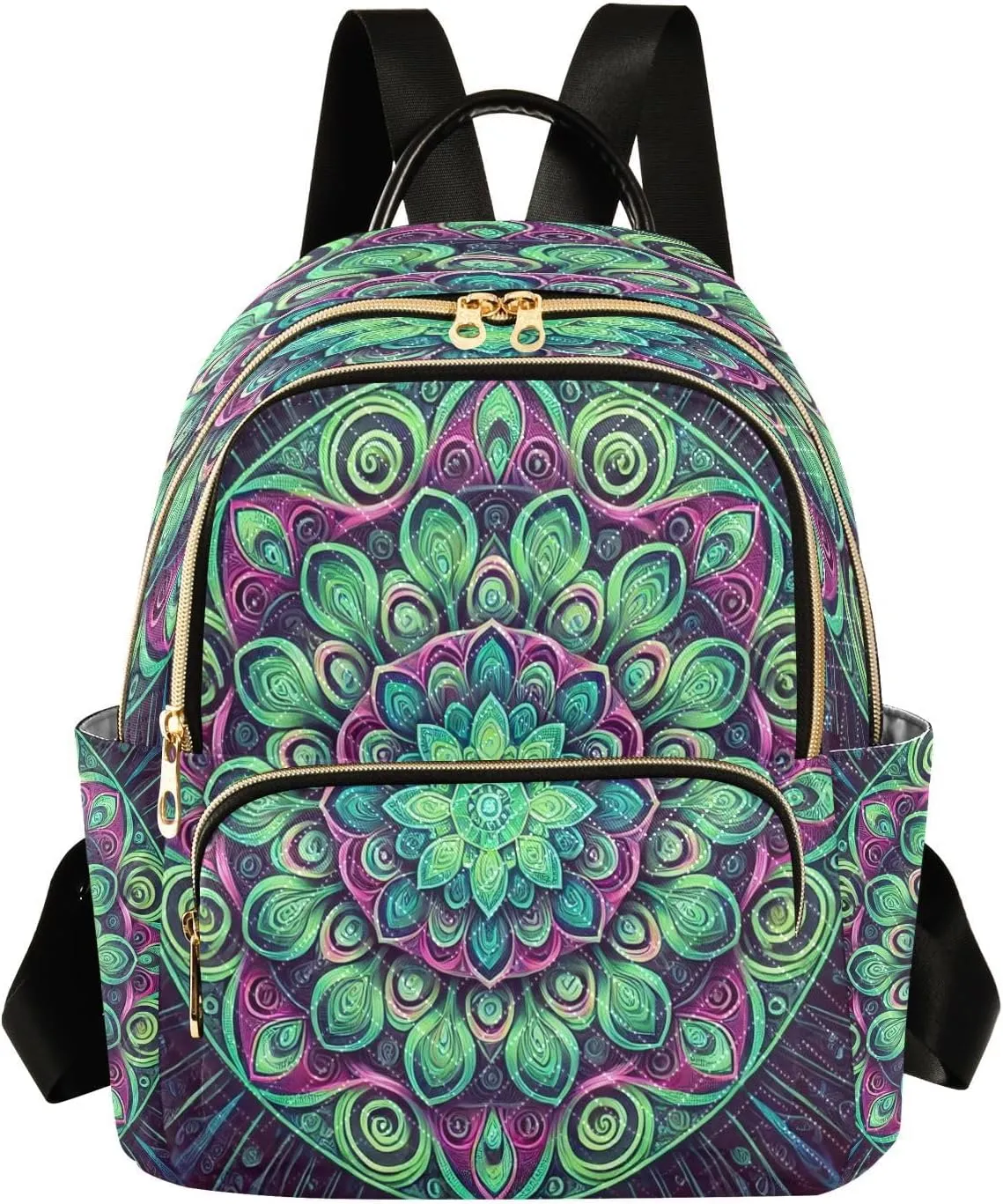 Green Boho Mandala Mini Backpack Purse for Women Ladies Travel Shoulder Bags Small Casual Bookbag Quilted Daypack for Work M