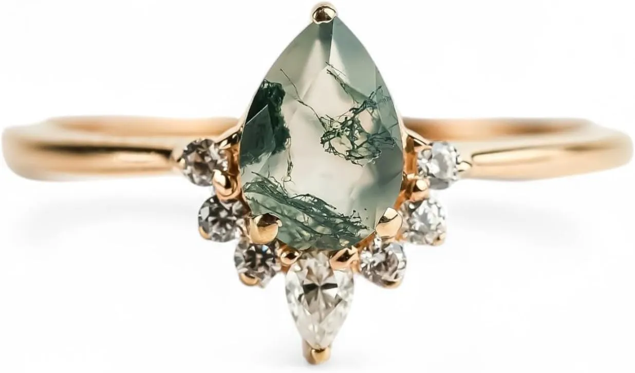 Green Moss Agate Ring, Natural Agate Engagement Ring, Promise Ring with Natural Stone, Rose Gold Diamond Stacking Ring, Anniversary Present For Her
