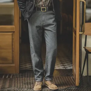 Grey Striped Herringbone Straight Leg Trousers  Smart Casual Zip Fly Mens Jeans with Pockets