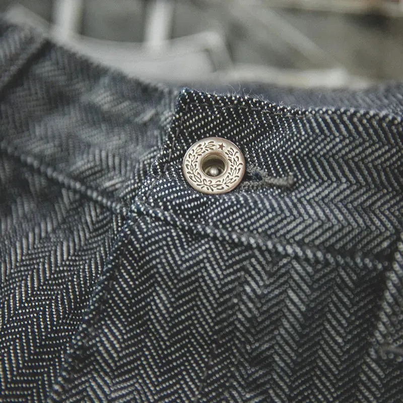 Grey Striped Herringbone Straight Leg Trousers  Smart Casual Zip Fly Mens Jeans with Pockets