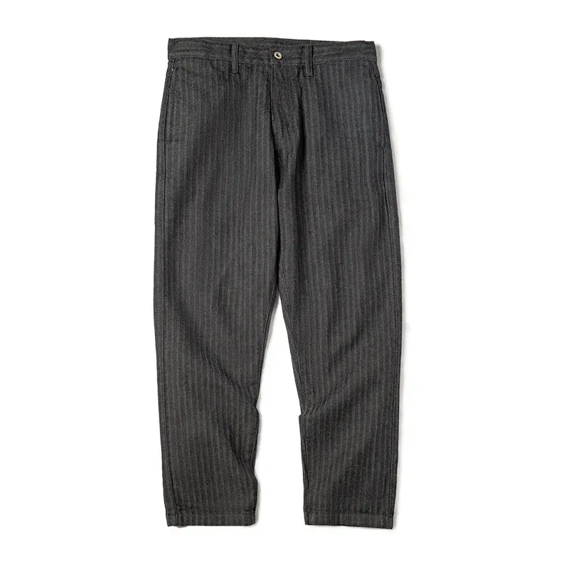 Grey Striped Herringbone Straight Leg Trousers  Smart Casual Zip Fly Mens Jeans with Pockets