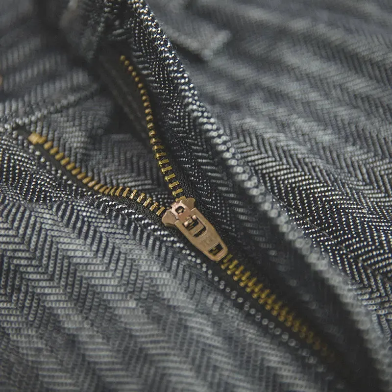 Grey Striped Herringbone Straight Leg Trousers  Smart Casual Zip Fly Mens Jeans with Pockets