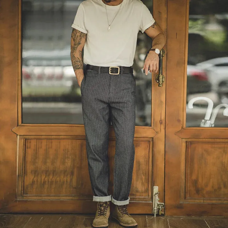 Grey Striped Herringbone Straight Leg Trousers  Smart Casual Zip Fly Mens Jeans with Pockets