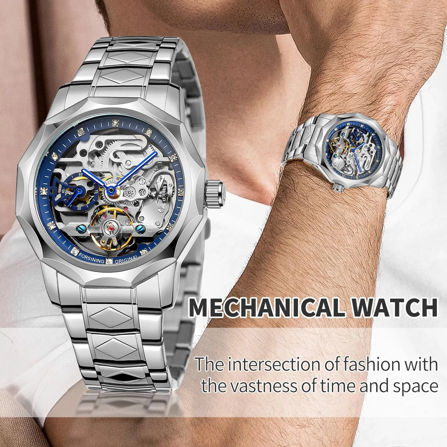 Gute Men's Watch Mechanical Skeleton Watch, Watch for Men Engraved Automatic Self-Wind Mechanical Big Dial Hollow Wrist Watches, Mechanical