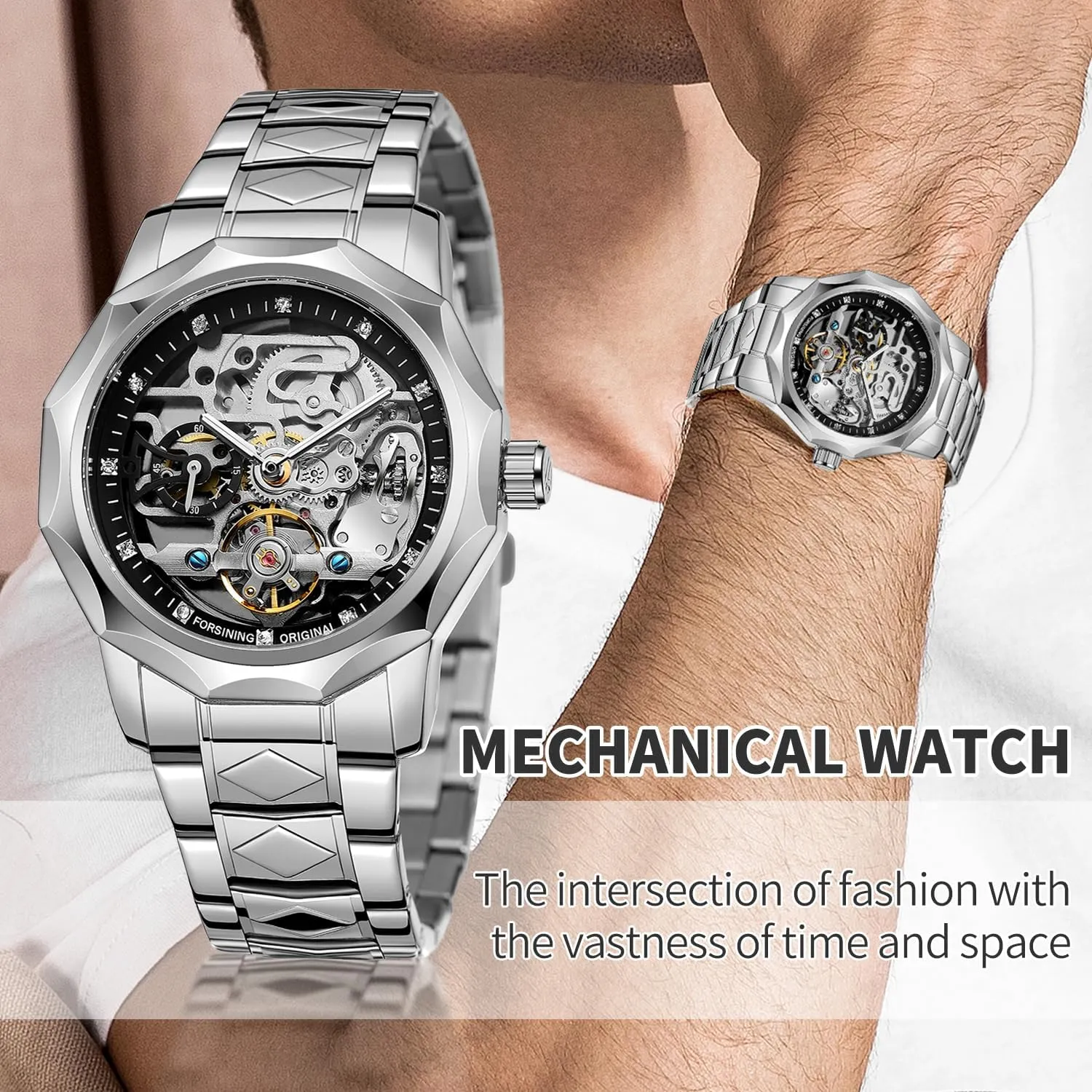 Gute Men's Watch Mechanical Skeleton Watch, Watch for Men Engraved Automatic Self-Wind Mechanical Big Dial Hollow Wrist Watches, Mechanical