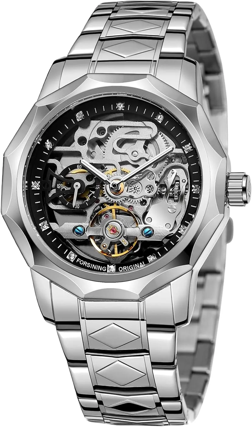 Gute Men's Watch Mechanical Skeleton Watch, Watch for Men Engraved Automatic Self-Wind Mechanical Big Dial Hollow Wrist Watches, Mechanical