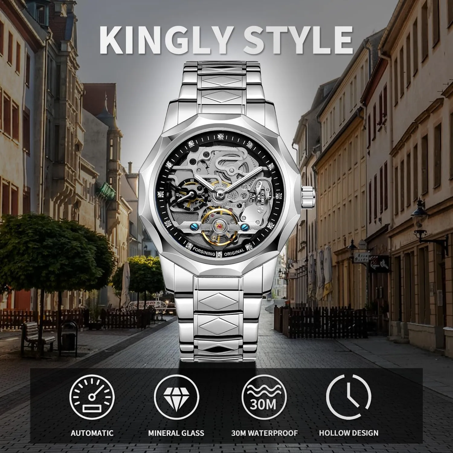 Gute Men's Watch Mechanical Skeleton Watch, Watch for Men Engraved Automatic Self-Wind Mechanical Big Dial Hollow Wrist Watches, Mechanical
