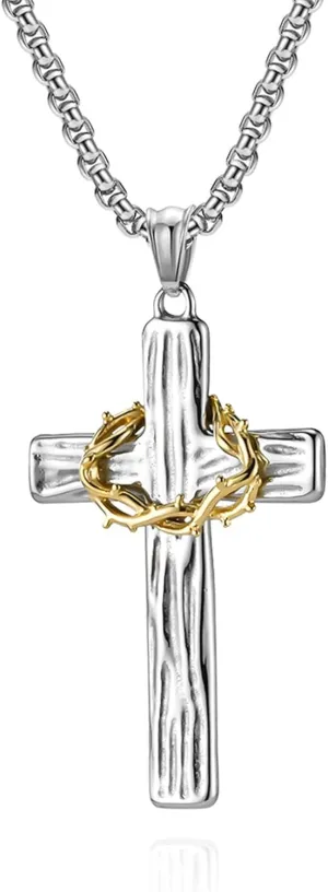Handmade Crown Of Thorns Cross Necklace, Religious Christian Jewellery Gift for Women Men, Elegant Stainless Steel Crown Cross Pendant Necklaces Jewelry