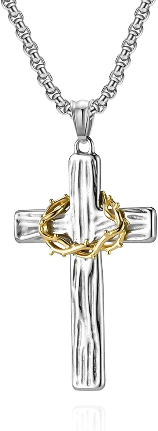 Handmade Crown Of Thorns Cross Necklace, Religious Christian Jewellery Gift for Women Men, Elegant Stainless Steel Crown Cross Pendant Necklaces Jewelry