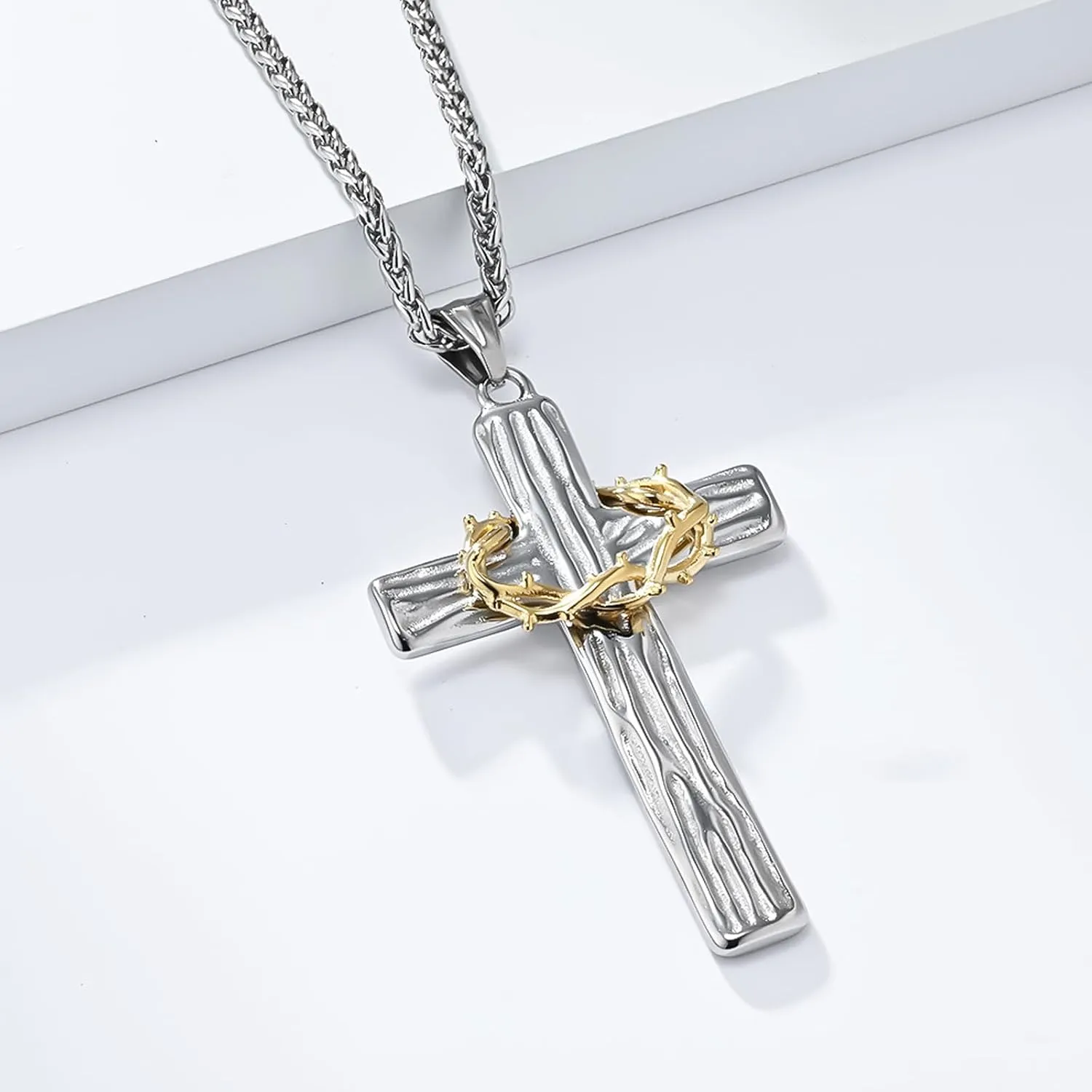 Handmade Crown Of Thorns Cross Necklace, Religious Christian Jewellery Gift for Women Men, Elegant Stainless Steel Crown Cross Pendant Necklaces Jewelry