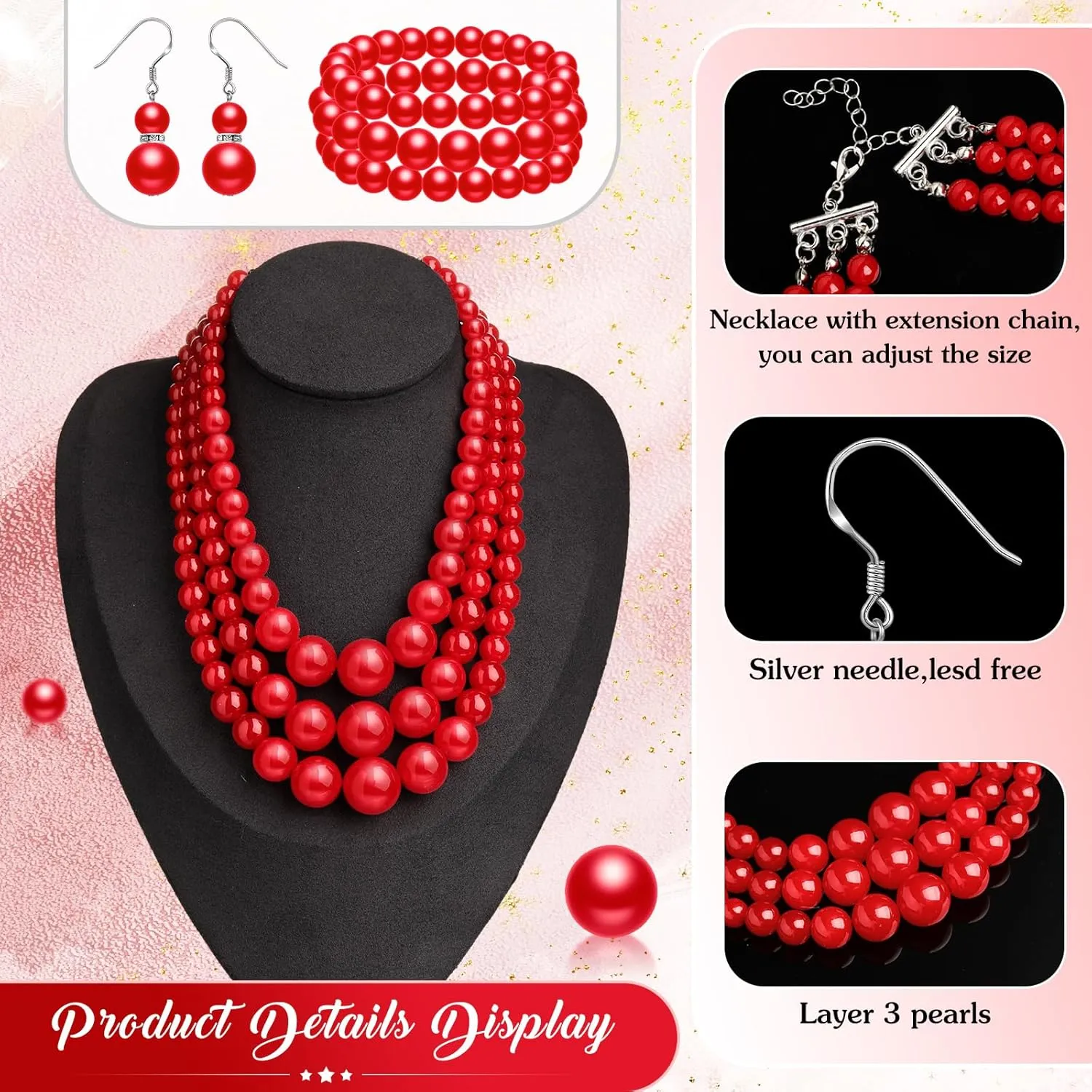 Haysandy 1920s Pearl Necklace for Women Costume Jewelry Set Faux Pearl Necklace Bracelet Earring for Party Wedding Gift