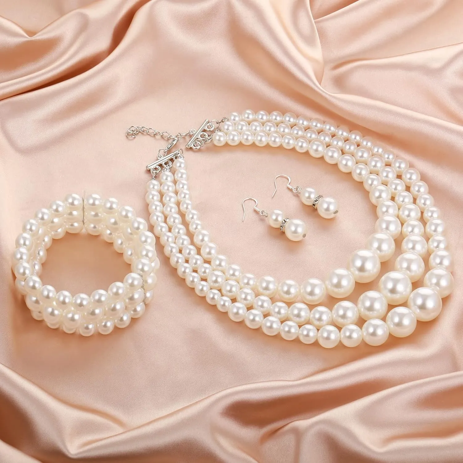 Haysandy 1920s Pearl Necklace for Women Costume Jewelry Set Faux Pearl Necklace Bracelet Earring for Party Wedding Gift
