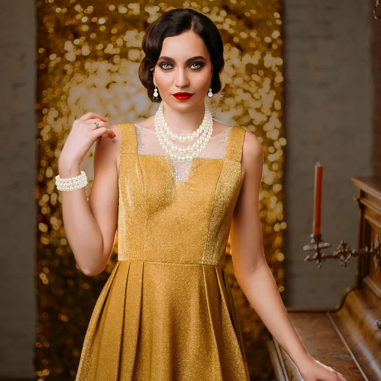 Haysandy 1920s Pearl Necklace for Women Costume Jewelry Set Faux Pearl Necklace Bracelet Earring for Party Wedding Gift