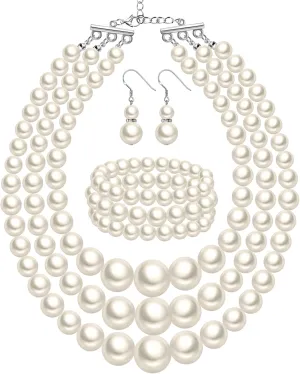 Haysandy 1920s Pearl Necklace for Women Costume Jewelry Set Faux Pearl Necklace Bracelet Earring for Party Wedding Gift