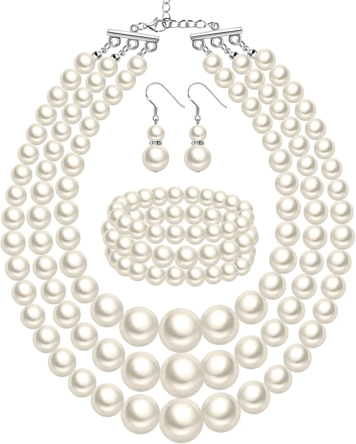 Haysandy 1920s Pearl Necklace for Women Costume Jewelry Set Faux Pearl Necklace Bracelet Earring for Party Wedding Gift