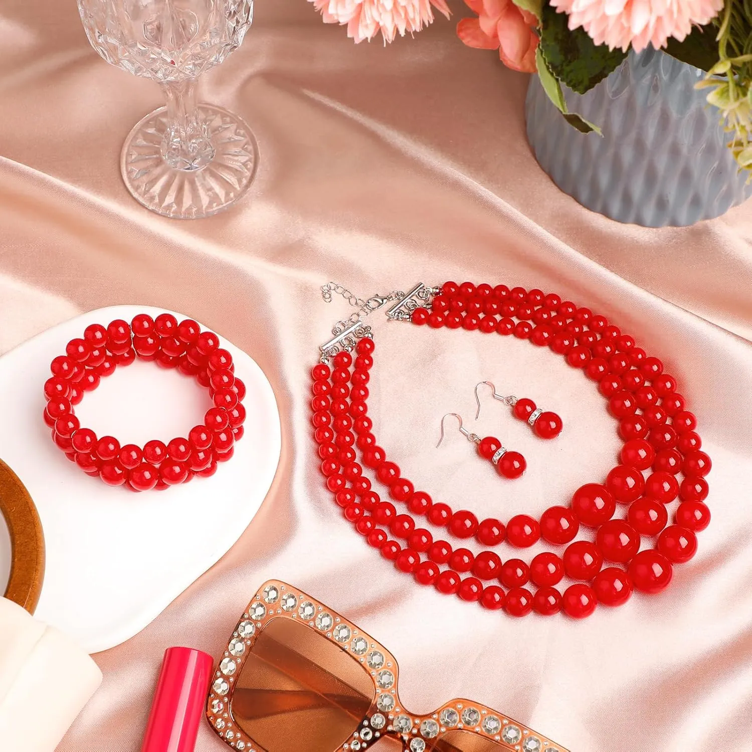 Haysandy 1920s Pearl Necklace for Women Costume Jewelry Set Faux Pearl Necklace Bracelet Earring for Party Wedding Gift
