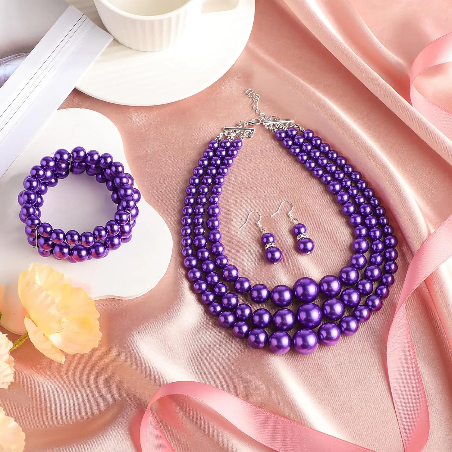 Haysandy 1920s Pearl Necklace for Women Costume Jewelry Set Faux Pearl Necklace Bracelet Earring for Party Wedding Gift