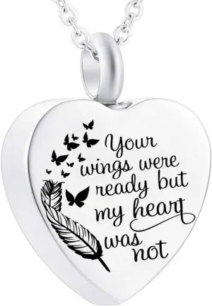 Heart Cremation Urn Necklace for Ashes Jewelry Angel Wing 12 Colors Birthstone Memorial Keepsake Pendant - Your Wings were Ready But Our Hearts were not