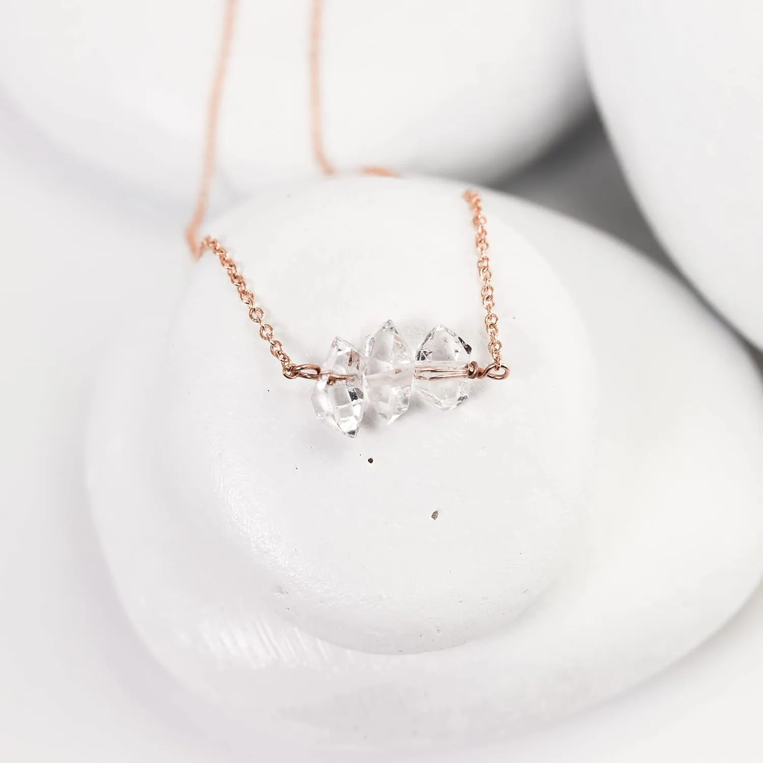 Herkimer Diamond Necklace on 16 inch 14K Rose Gold Filled Chain; Quartz Necklace for Women, Handmade by Lotus Stone Jewelry (Rose Gold, 18" 3 Stone)