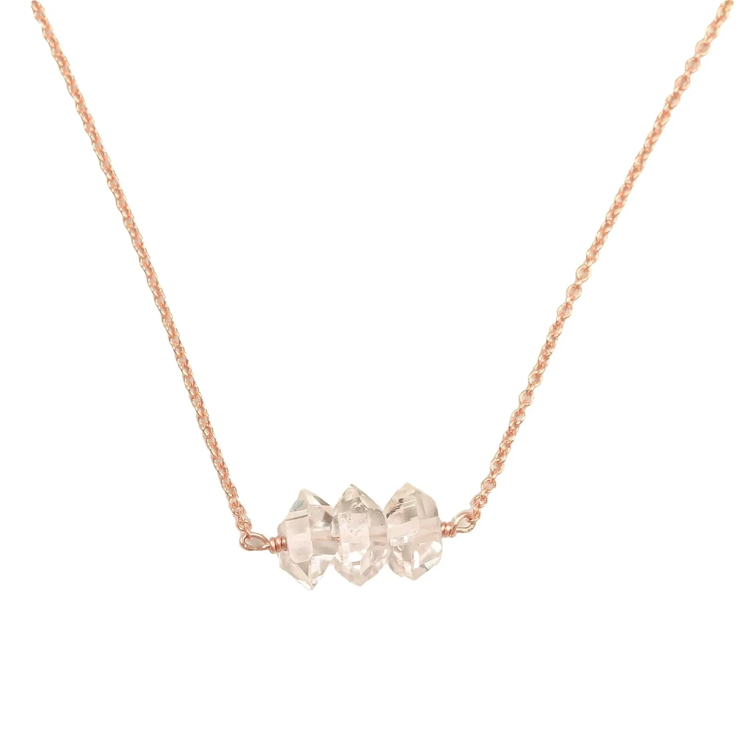 Herkimer Diamond Necklace on 16 inch 14K Rose Gold Filled Chain; Quartz Necklace for Women, Handmade by Lotus Stone Jewelry (Rose Gold, 18" 3 Stone)