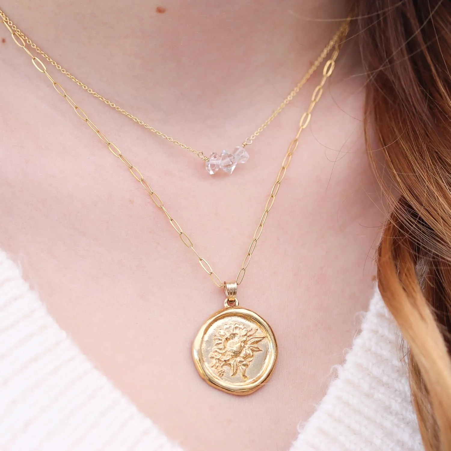 Herkimer Diamond Necklace on 16 inch 14K Rose Gold Filled Chain; Quartz Necklace for Women, Handmade by Lotus Stone Jewelry (Rose Gold, 18" 3 Stone)