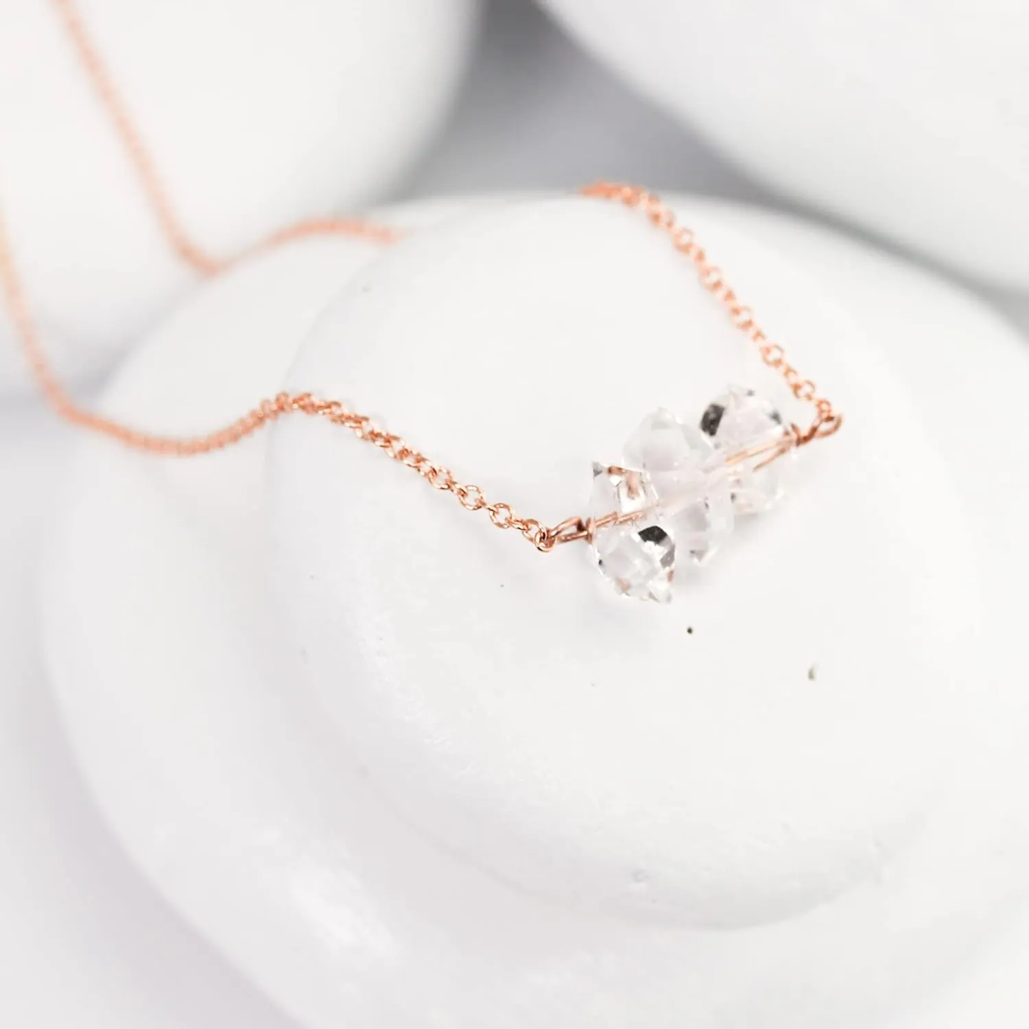 Herkimer Diamond Necklace on 16 inch 14K Rose Gold Filled Chain; Quartz Necklace for Women, Handmade by Lotus Stone Jewelry (Rose Gold, 18" 3 Stone)