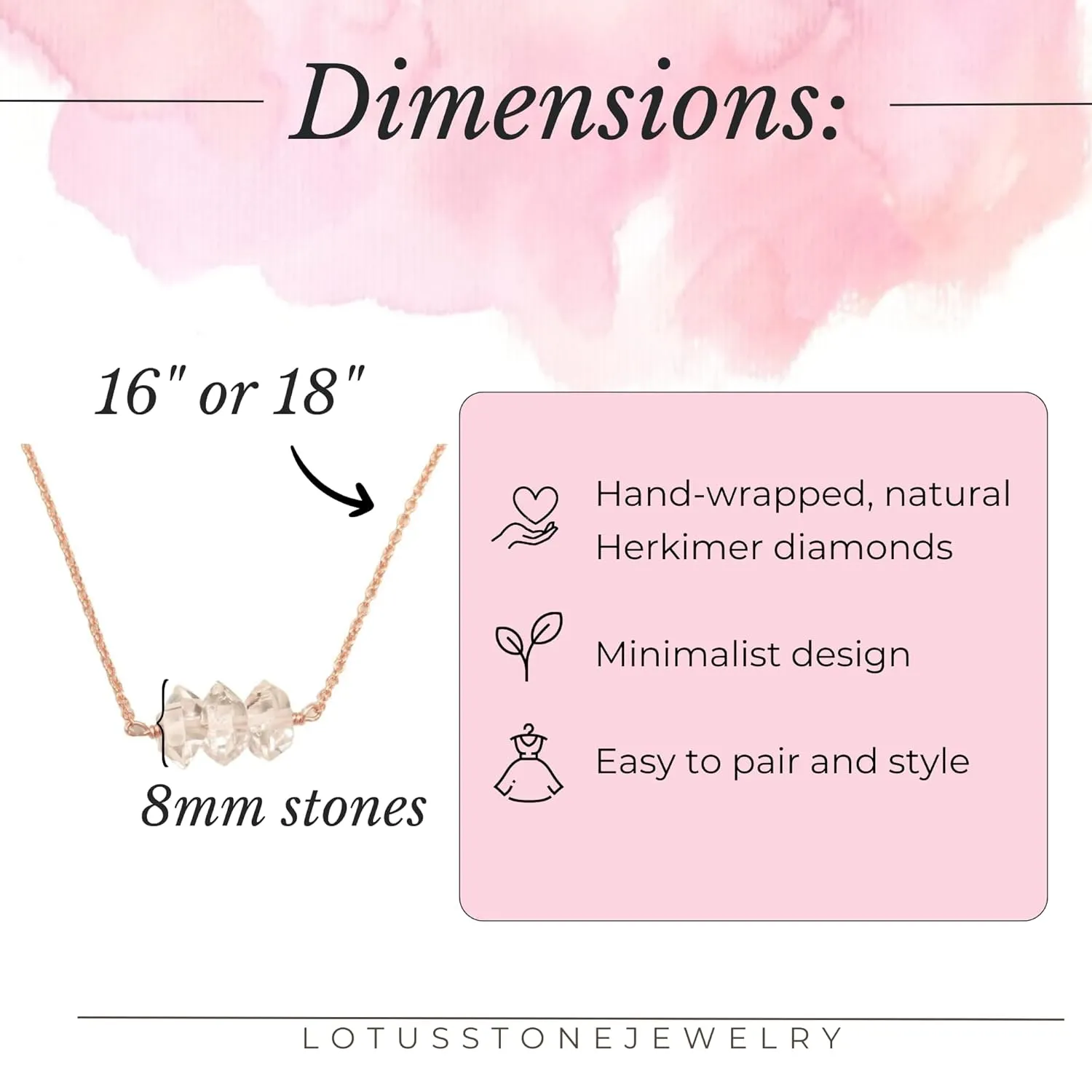 Herkimer Diamond Necklace on 16 inch 14K Rose Gold Filled Chain; Quartz Necklace for Women, Handmade by Lotus Stone Jewelry (Rose Gold, 18" 3 Stone)