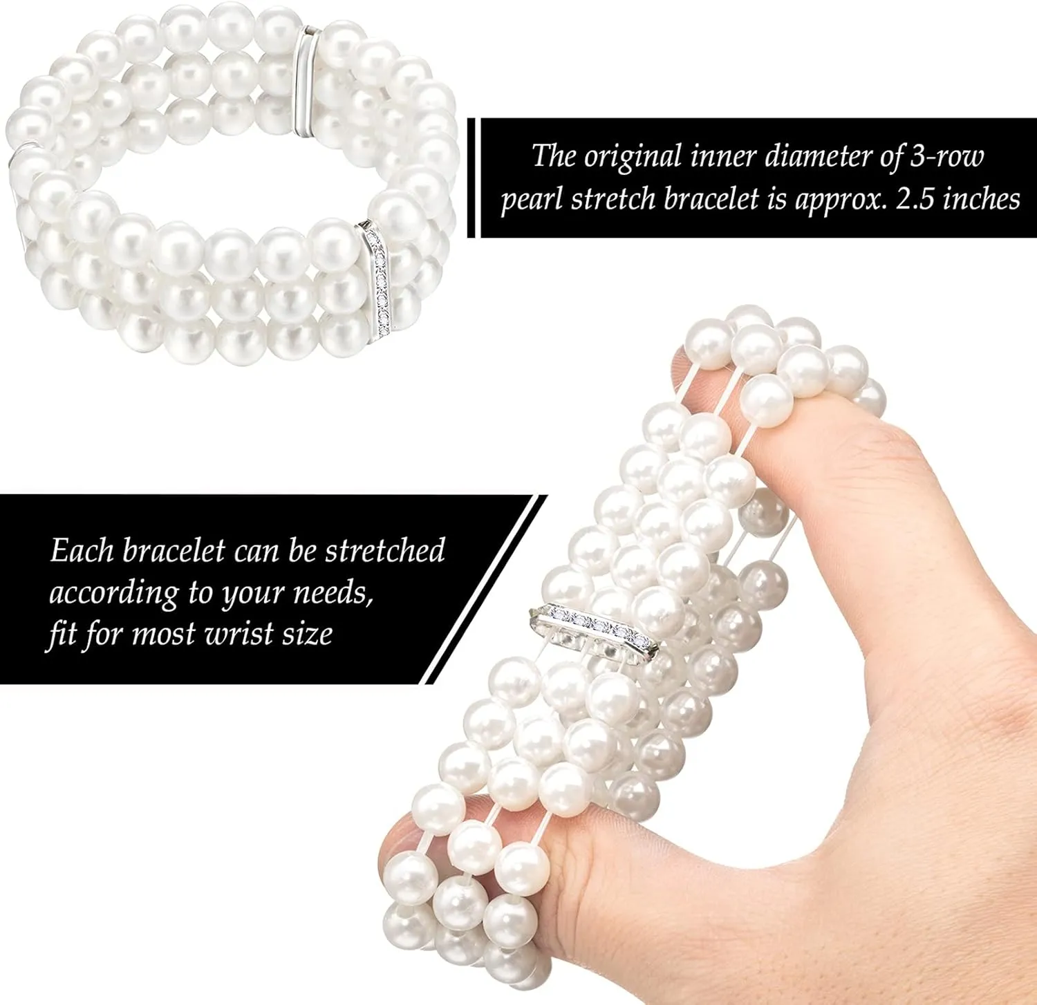 Hicarer Faux Pearl Bracelet 3-Row Pearl Stretch Bracelet Multilayer Halloween Cosplay 1920s Elastic 1920s Costume