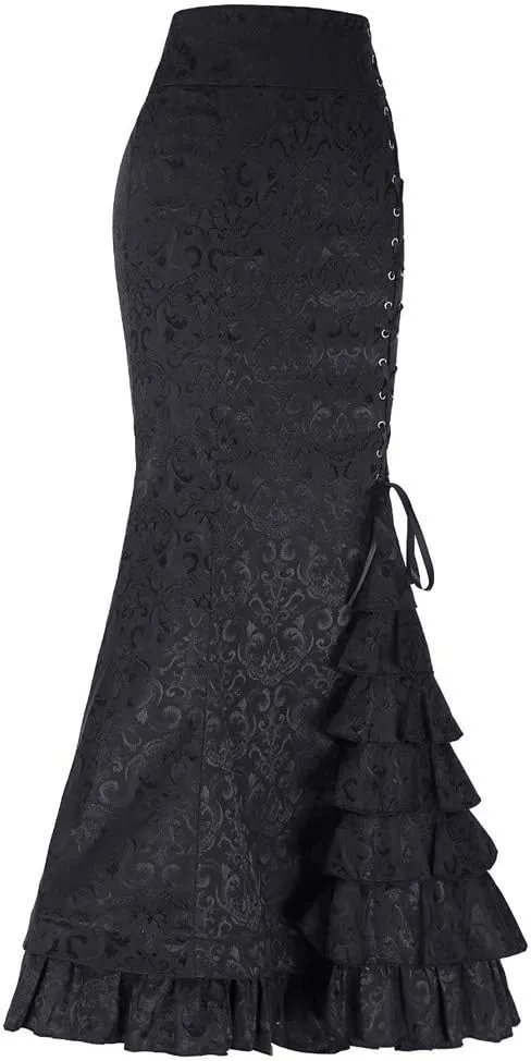 High Waist Vintage Bodycon Long Lace maid Skirt Ruffled Steampunk Skirt Fishtail Evening Party Dress
