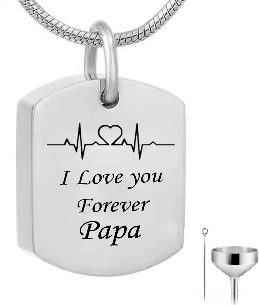 HQ Fashion Cremation Square Pendant Electrocardiogram Engraved Custom Family name i love you Forever Memorial Urn Necklace Ashes