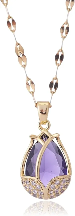 HSQYJ Shiny 14k Gold Cat's Eye Stone Tulip Necklace Exquisite Shiny Crystal Flower Stainless Steel Necklace Fashion Floral Choker Costume Jewelry Gift for Women