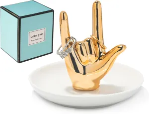 I LOVE YOU Hand Ring Holder - Ceramic Jewelry Holder Dish Trinket Tray for Rings, Earrings, Necklace Organizer, Engagement, Wedding, Christmas, Birthday Gifts (Golden)