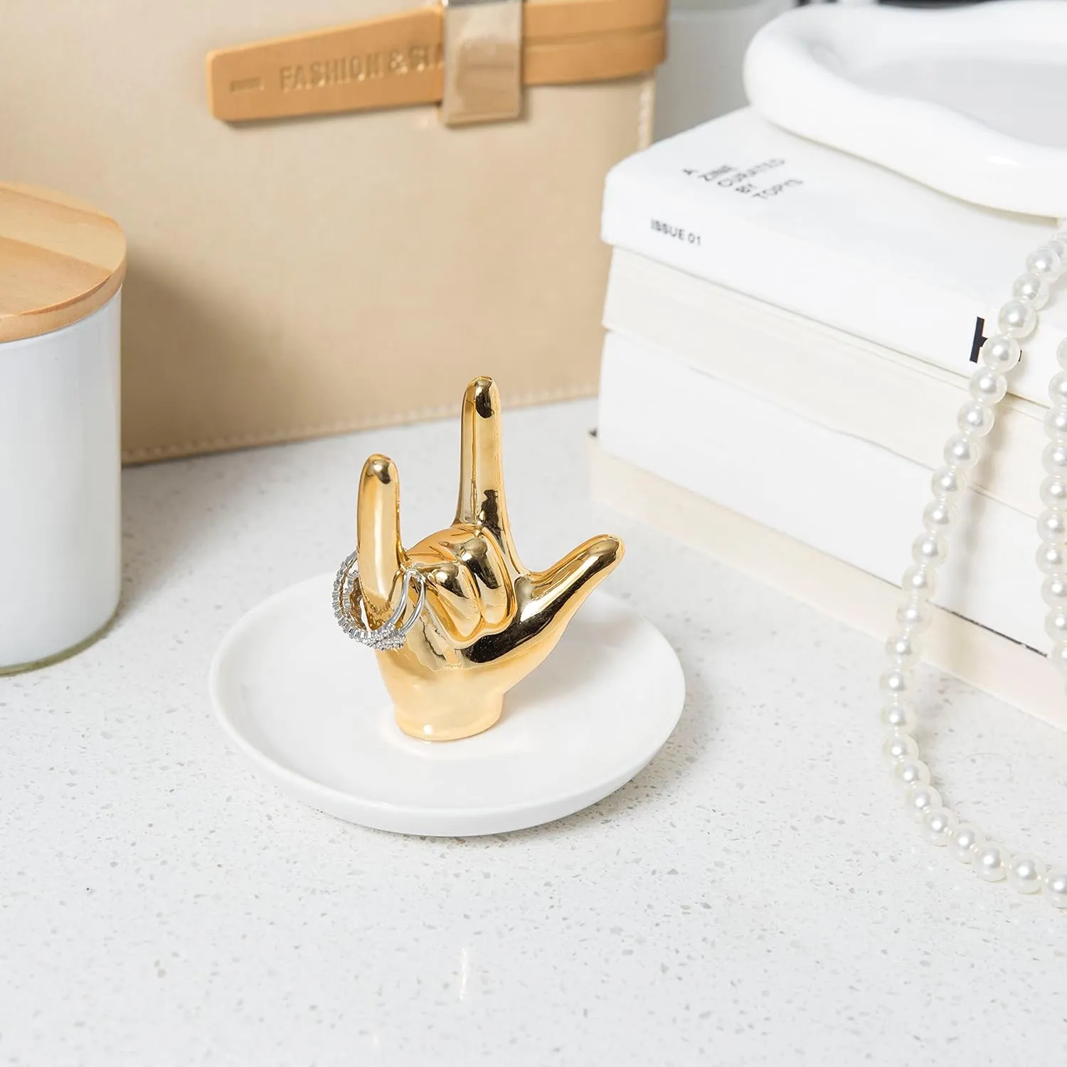 I LOVE YOU Hand Ring Holder - Ceramic Jewelry Holder Dish Trinket Tray for Rings, Earrings, Necklace Organizer, Engagement, Wedding, Christmas, Birthday Gifts (Golden)