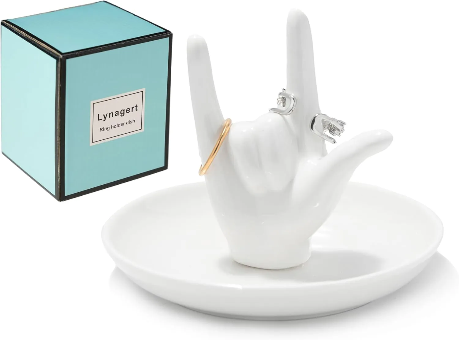 I LOVE YOU Hand Ring Holder - Ceramic Jewelry Holder Dish Trinket Tray for Rings, Earrings, Necklace Organizer, Engagement, Wedding, Christmas, Birthday Gifts (White)