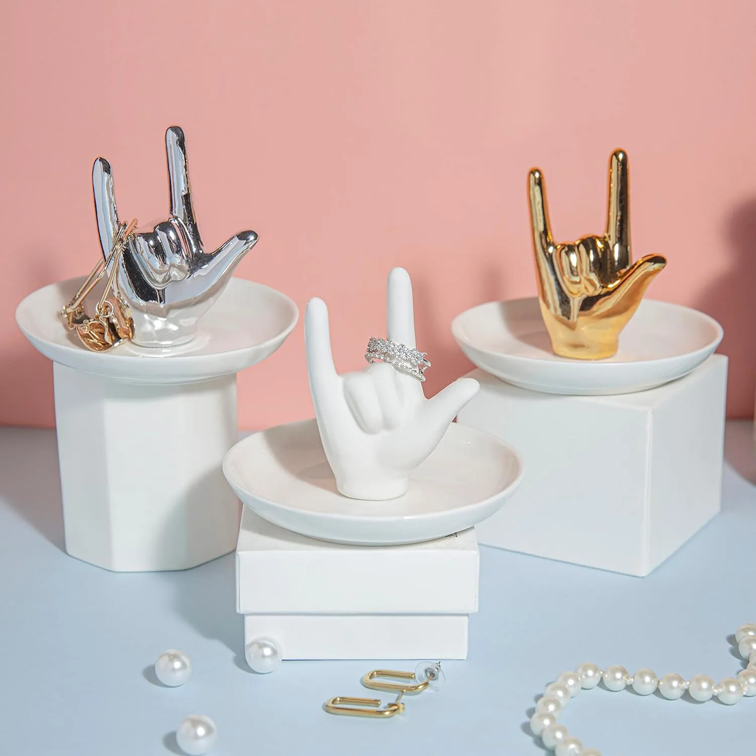 I LOVE YOU Hand Ring Holder - Ceramic Jewelry Holder Dish Trinket Tray for Rings, Earrings, Necklace Organizer, Engagement, Wedding, Christmas, Birthday Gifts (White)