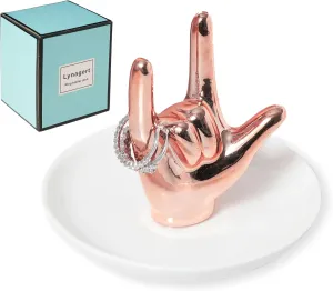 I LOVE YOU Hand Ring Holder Ring Dish Ceramic Jewelry Holder Dish Trinket tray for Rings Earrings Necklace Organizer, Engagement Wedding Ring Holder, Christmas Birthday Gifts (Rose Gold)