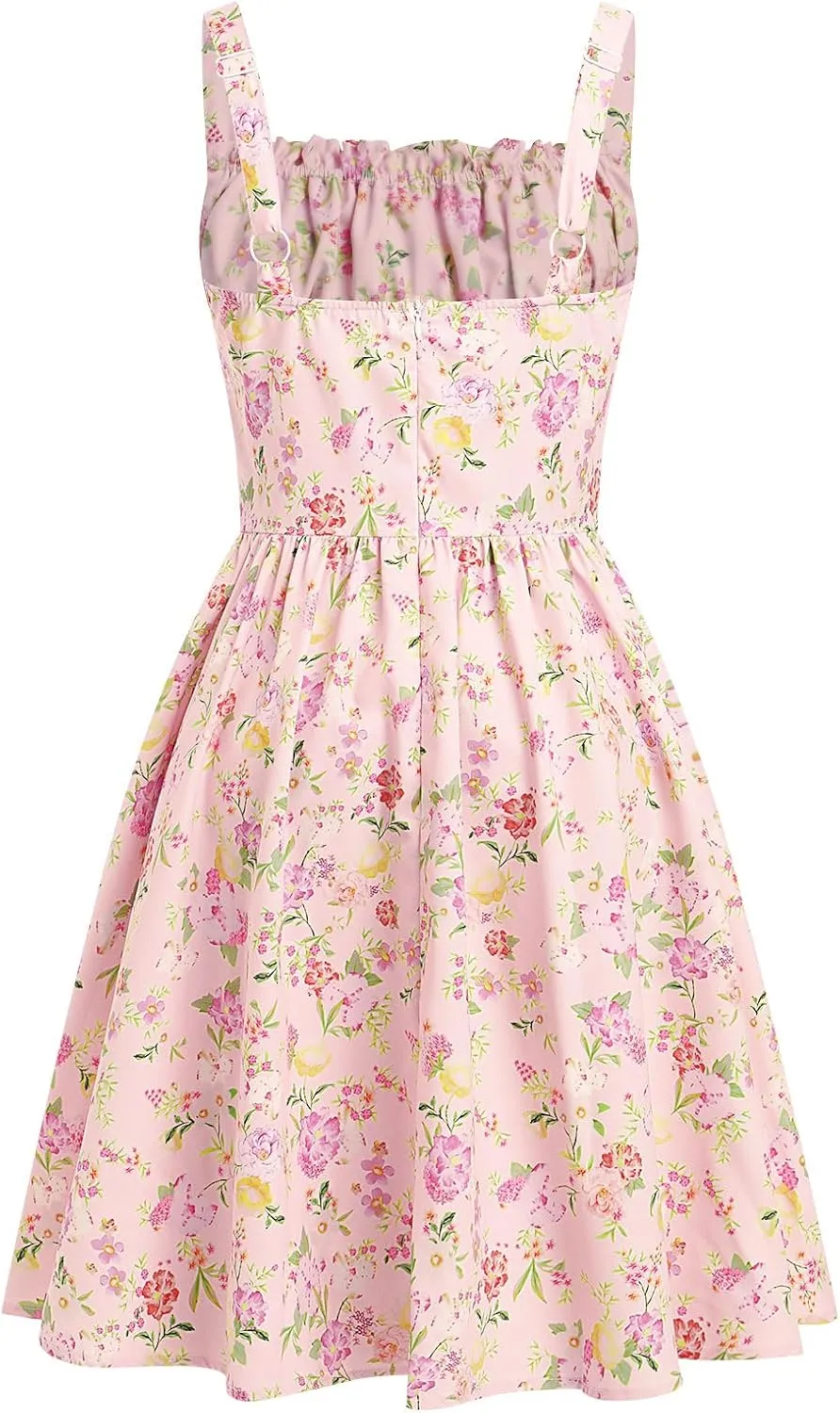 IDOPIP Women Summer Floral Print Boho Mini Dress Spaghetti Straps Ruffle Sundress Casual Corset Wedding Guest Short Dress