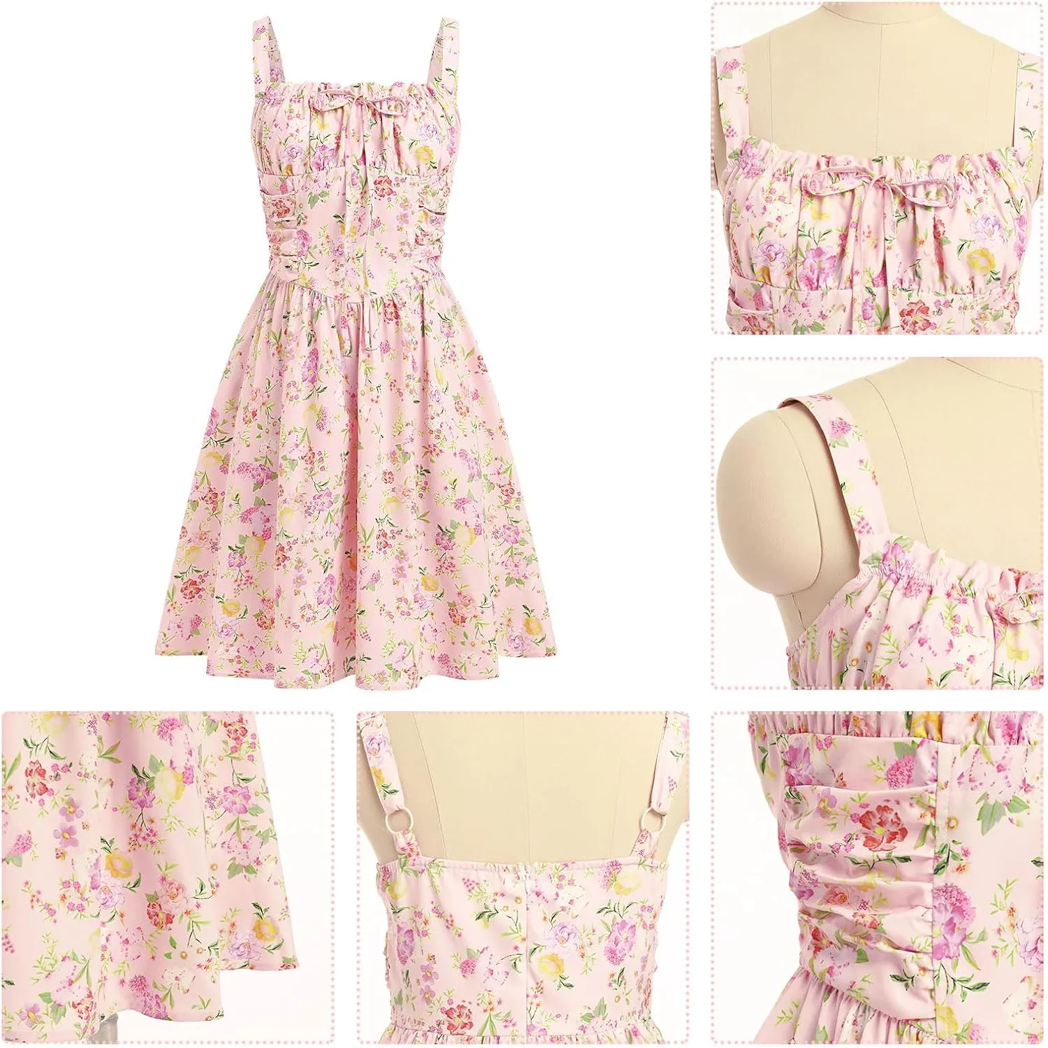 IDOPIP Women Summer Floral Print Boho Mini Dress Spaghetti Straps Ruffle Sundress Casual Corset Wedding Guest Short Dress
