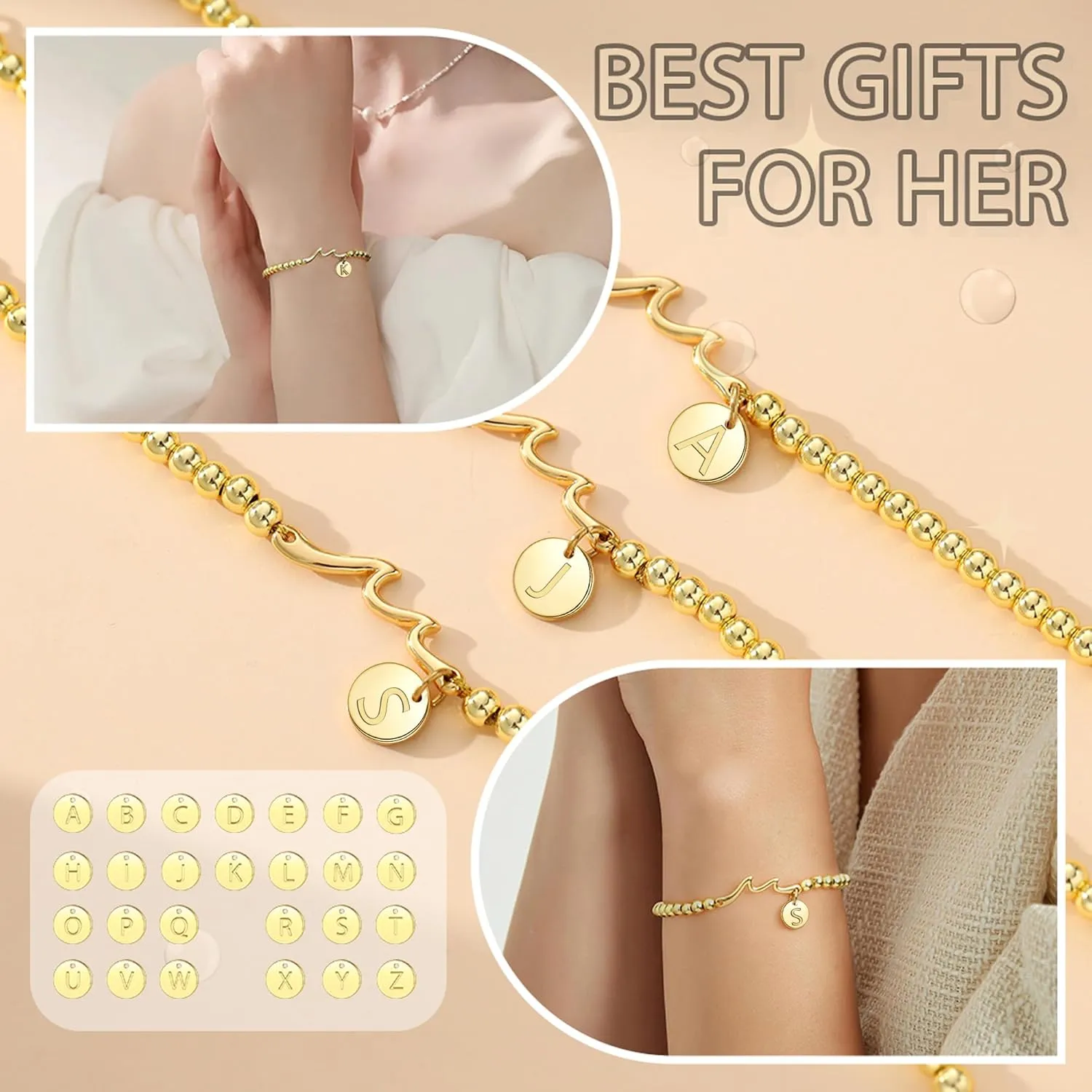 Initial Bracelet for Women, Gold Beaded Bracelets with Initial Womens Gifts for Christmas Trendy Stuff Stocking Stuffers for Teens Gemstone Initial Bracelet Christmas Gifts for Her Adjustable Link Letter A-Z Anniversary Jewelry